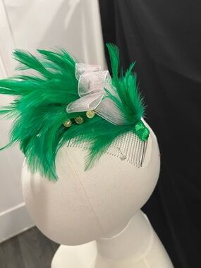 Green Feather Hair Comb Accessory with White Ribbon